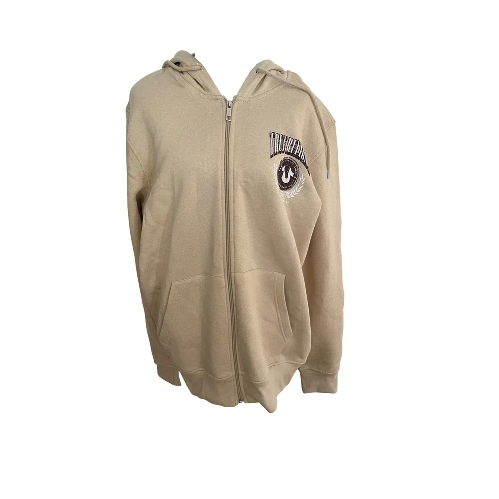 True Religion Zip Hoodie Mens XL Fog Beige College Logo Y2K Streetwear New